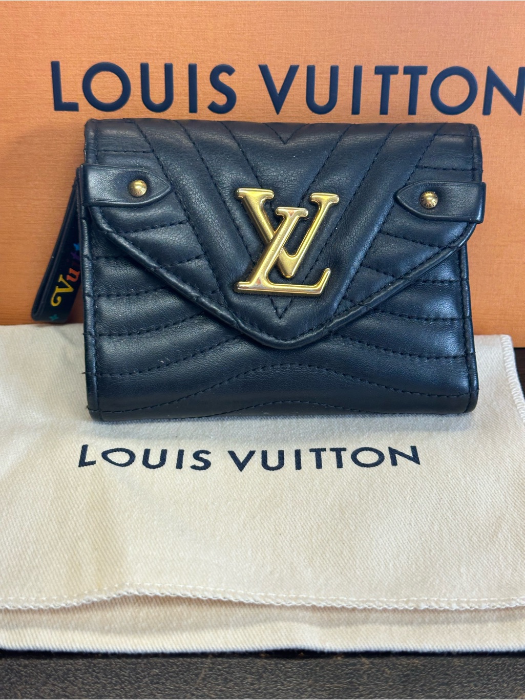 Louis Vuitton New Wave Black Quilted Leather Compact Wallet With Gold Lv Logo